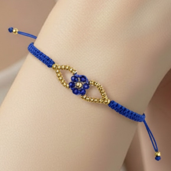 Handmade Jewelry - Handmade Blue Macrame Bracelet Gold Beads Flower Adjustable Boho Jewelry Gift